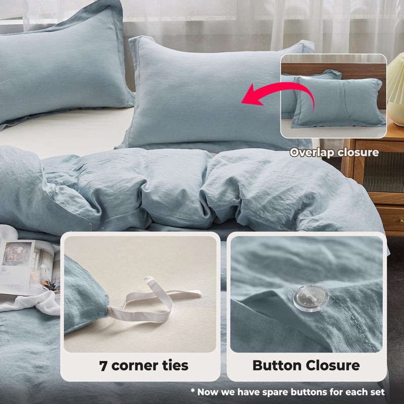 Simple&Opulence 100% Washed Linen Duvet Cover Set with Embroidered,3 Pieces Soft Farmhouse Comforter Set with Button Closure,1 Duvet Cover and 2 Pillowshams(King,Dusty Blue) - Image 4